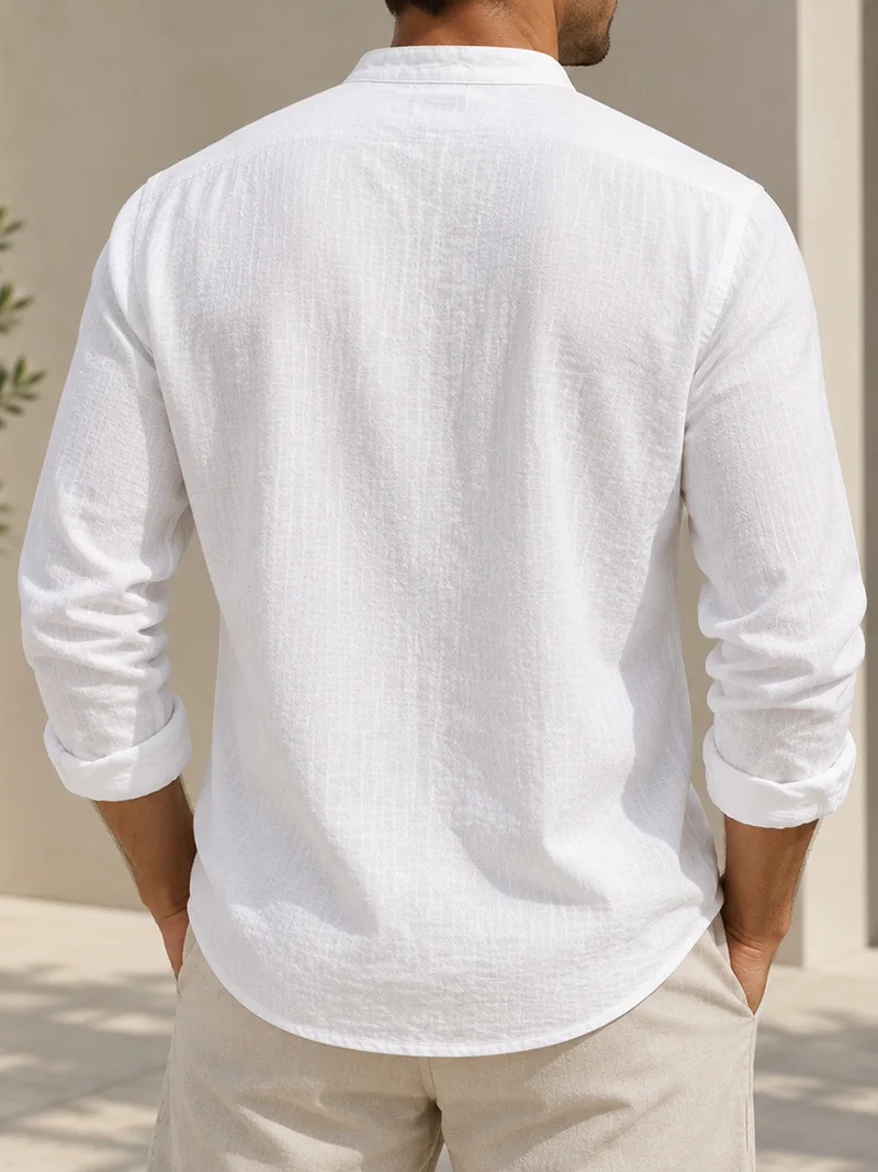 Herren Sommer Leinen Kurzarm Henley-Shirt mit Stehkragen, entspannte Passform, atmungsaktiv, leicht, lässiges Oberteil für den Alltag. – Detail 5