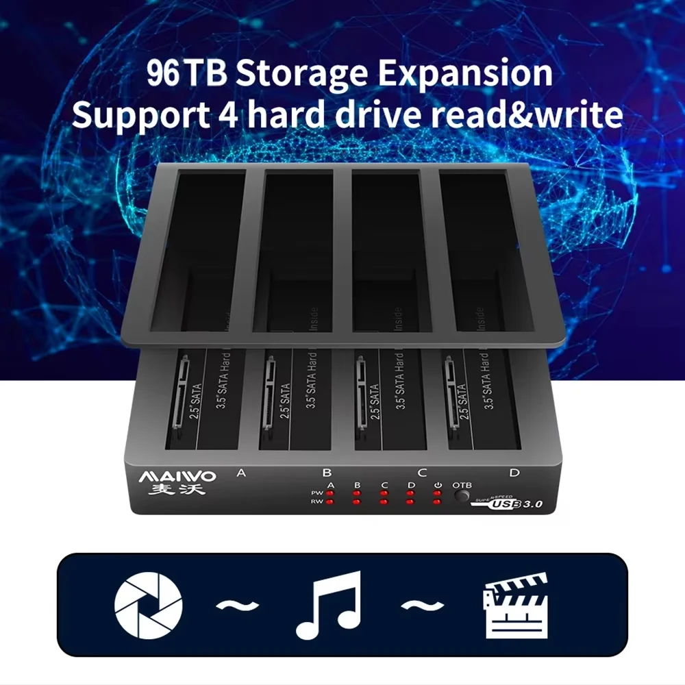 MAIWO 2.5/3.5 Inch 4 Bay Hard Drive Docking Station SATA to USB3.0 External HDD SSD Case 96 TB Capacity with Read&Write Function
