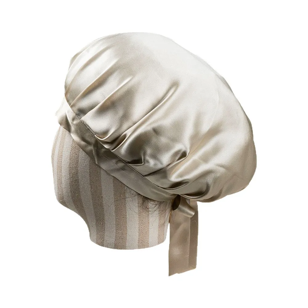 

"100% Silk Sleeping Cap, Beige Grey Color with Ribbon Tie, 19 Momme Mulberry Silk Bonnet, Luxury Natural Silk Night Cap"