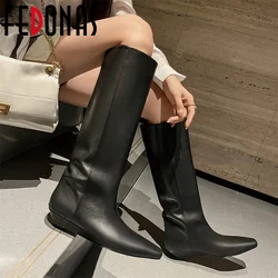 FEDONAS Fashion Brand Women Genuine Leather Knee High Boots Wedges High Heels Pointed Toe Warm Long Shoes Woman High Boots