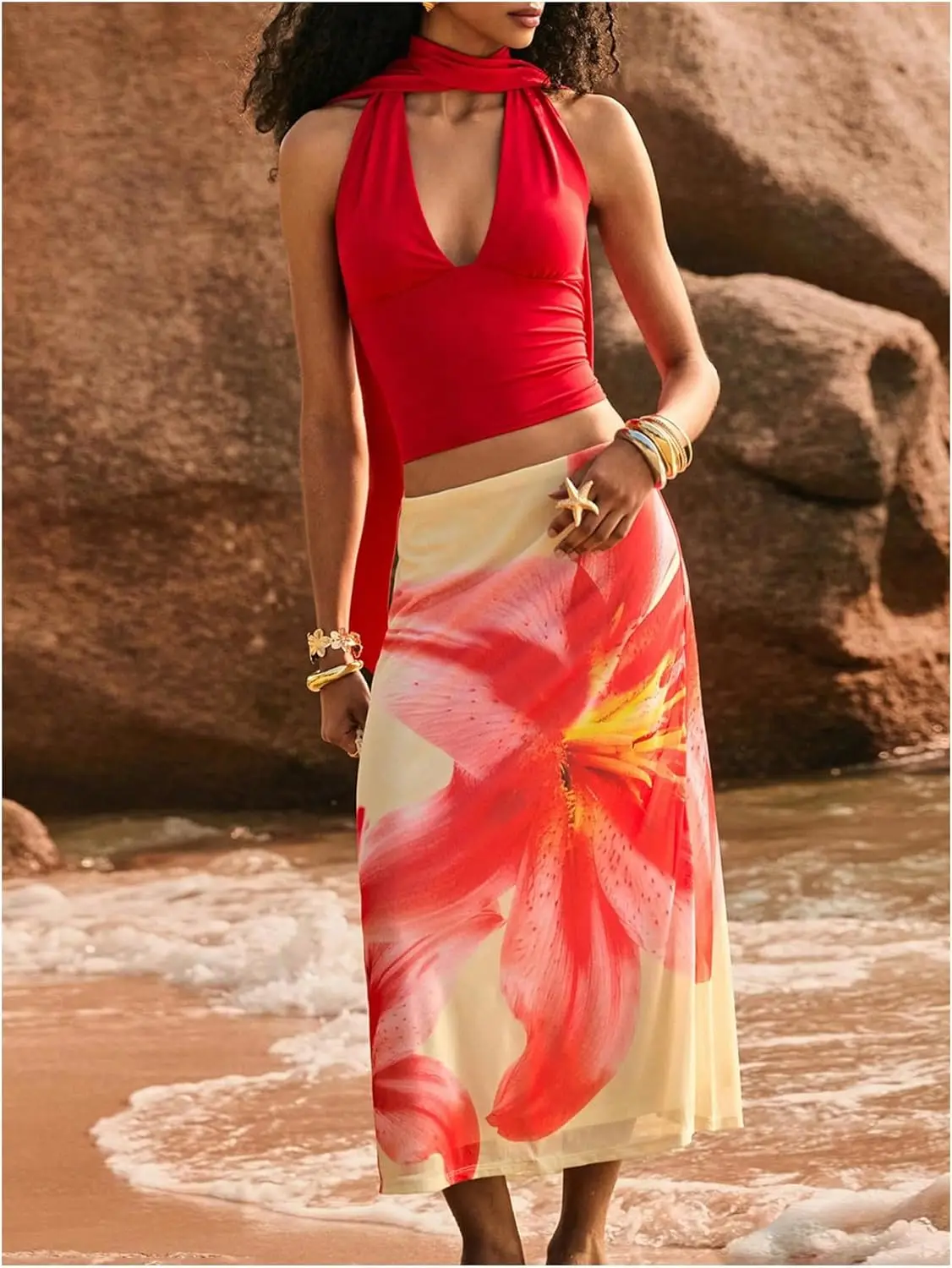 Luxy Trio Gonna floreale da donna con orlo dritto, gonne lunghe estive, elementi essenziali per le vacanze al mare