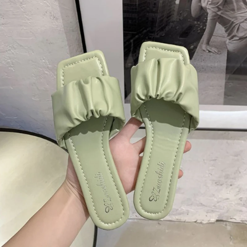 Women's Slippers Summer 2026 New Square Head Pleated Women's Sandals Fashion Casual Flip Flops Solid Color Shoes for Woman