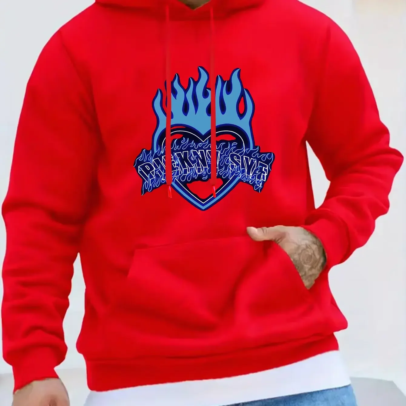 Y2K Street Hoodie For Men Burning Blue Heart Stylized Graffiti Text Front Graphic Unisex Loose Long Sleeve Pullover