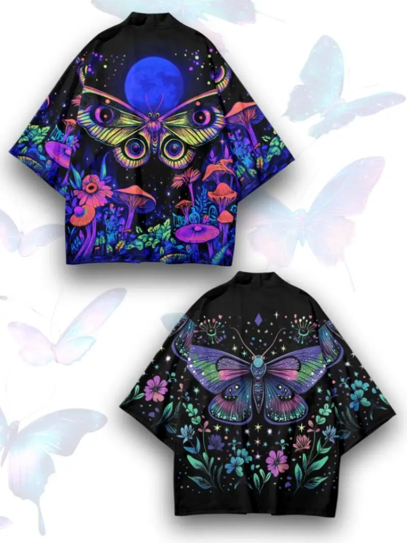 Summer Lightweight Japanese Kimono Purple Butterfly Print Open Front Jacket Unique Insects Patterns Traditional Asian Cardigan