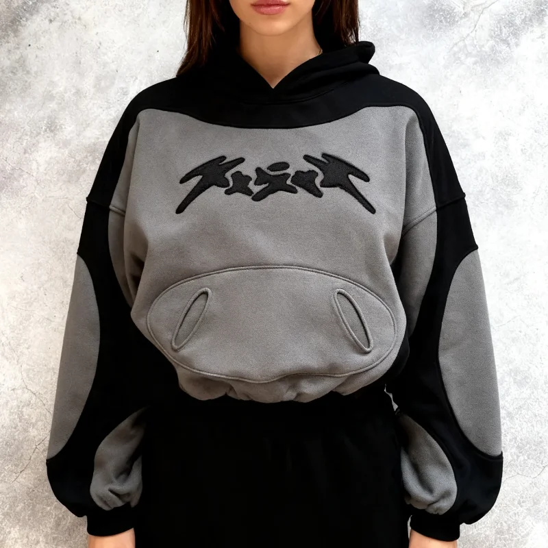 الخريف الشتاء ملابس كاجوال فضفاضة المرأة البلوز بسيط القوطية البلوز Y2K Harajuku أسود رمادي تقسم مطبوعة المرأة هوديي