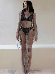Tossy pérolas ver-através de manga longa cover-ups férias praia diamante decoração feminina vestido de praia elegante divisão sólida cover-ups