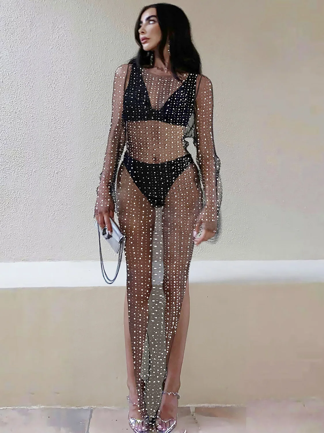 Tossy Pearls See-Through Long Sleeve Cover-Ups Holiday Beach Diamond Decoration Women Beach dress Elegant Split Solid Cover-Ups