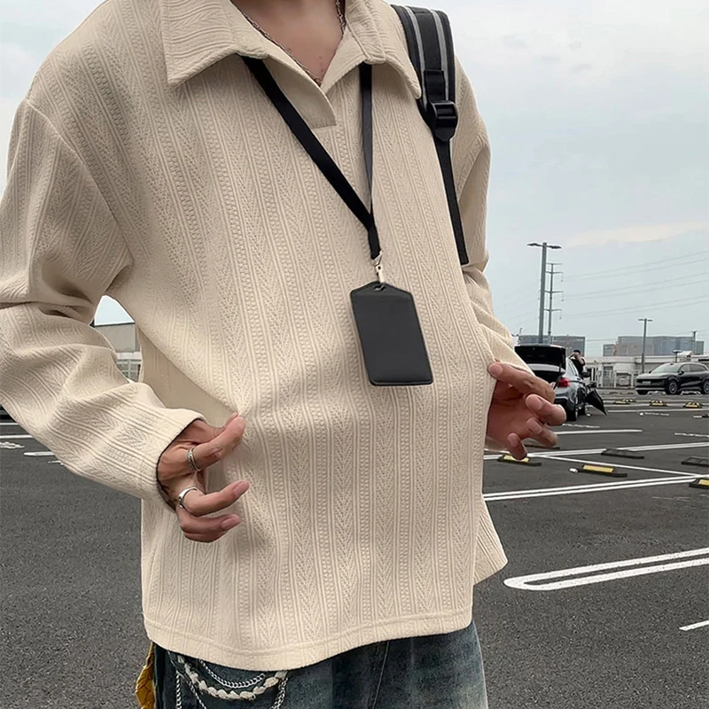 

Men's Minimalist Long Sleeve Lapel T-Shirts Autumn Winter Thicken Plus Velvet Warm Pullovers Man Korean Street Bottoming Shirts