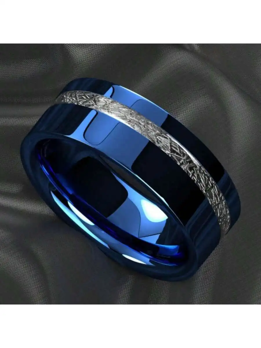 

8mm Stainless Steel Blue Black Ring With Meteorite Inlay For Couples Engagement Wedding