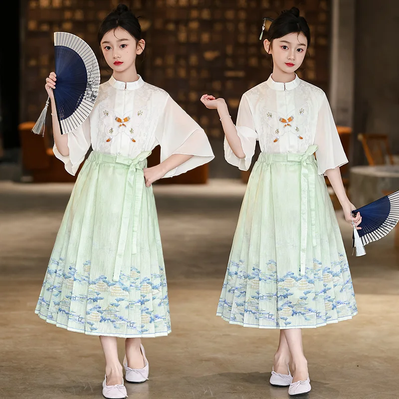 

Китайское платье ханьфу для детей, традиционный костюм Тан и стиль Cheongsam в стиле династии Мин, древний костюм для девочек, юбка-манман, новинка 2023 года