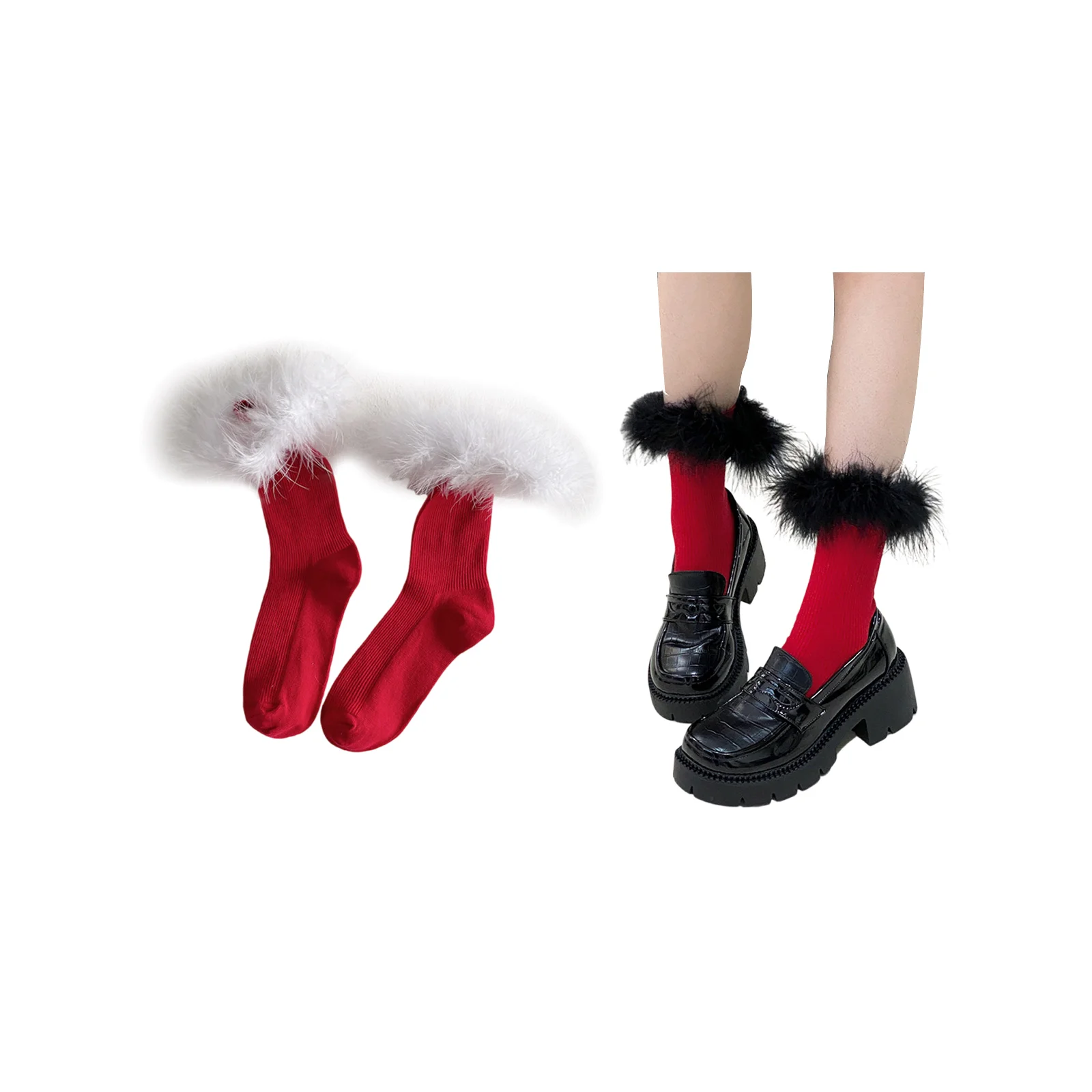 Red feather fluffy lace socks set: 1 pair each of red and white + red and black feather styles