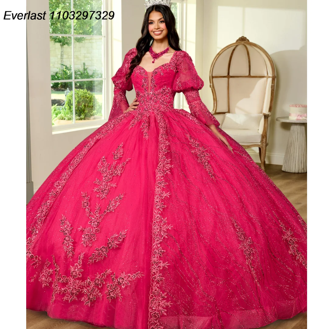 EVLAST Customized Fuchsia Quinceanera Dress Ball Gown Long Sleeve Lace Applique Beaded Bow Sweet 16 Vestido De 15 Anos TQD458