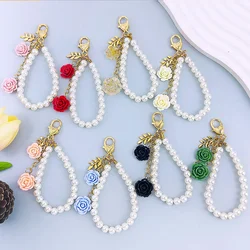 Fashion Resin Rose Flower Keychain Imitation Pearl Chain Wristband Bracelet With Key Ring Dual-Purpose Purse Phone Bag Ornaments