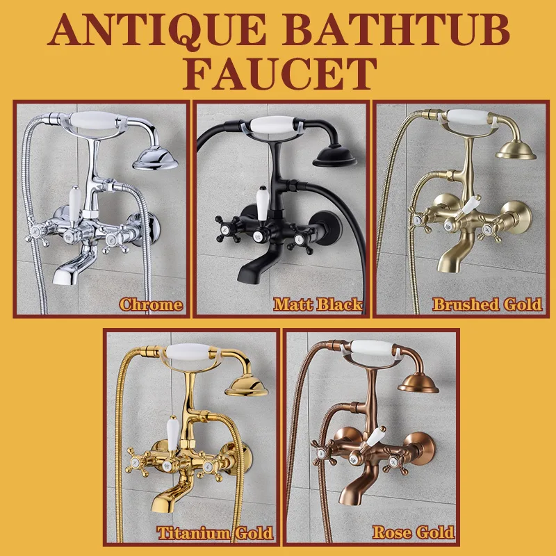 

Bathtub Faucet Antique Cross Handle / Straight Handle Wall Mounted Telephone Hand Shower with 180°Rotation Faucet Rose GoldBrass