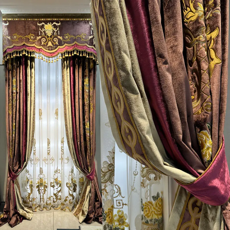 Custom European high villa thick luxury Velvet livingroom embroidered lace cloth blackout curtain tulle valance drape M1739