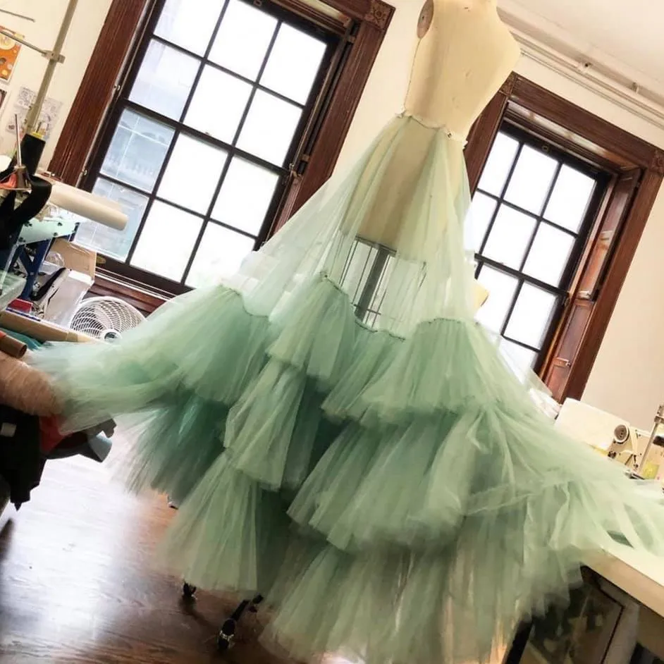 

Newest Mint Green Ruched Tutu Tulle Skirt See Thru A-line Long Women Tulle Skirts Prom Party Over Weap Skirt Tulle Maxi Skirt