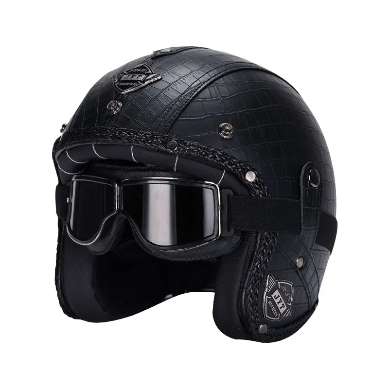 Black Leather Open Face Motorcycle Helmet With Halley Glass Scooter Riding Caque Classic Electric Motorbike Jet Cascos Para Moto