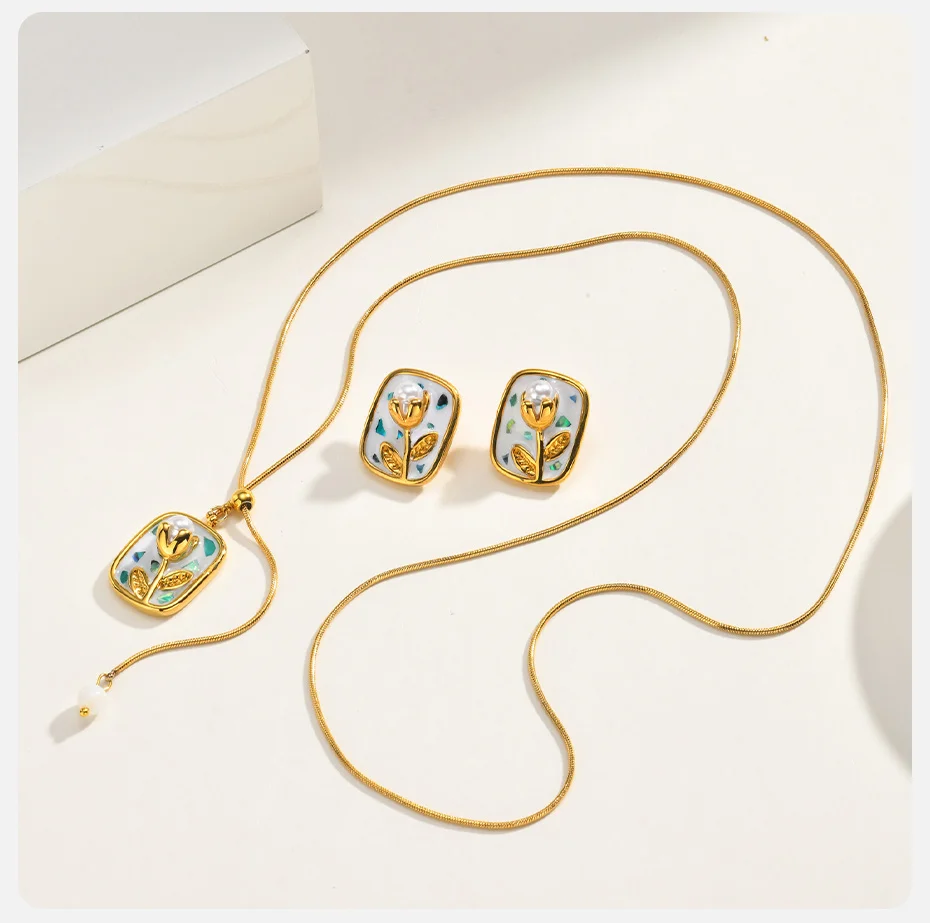 Vnox Vintage Französischer Stil Vergoldete Emaille-Tulpen-Halskette und Ohrringe Set, Tropfenförmig Bemaltes Blumenmuster mit Imitationsperlen, Hochzeitsgeschenk – Detail 5