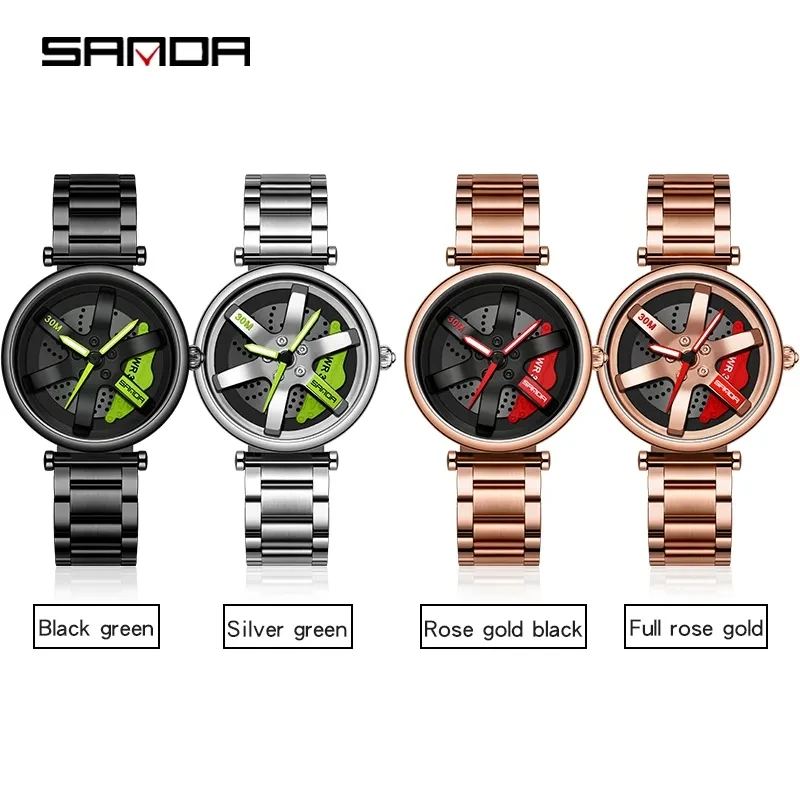 SANDA 1073 moda donna orologi per il tempo libero Sport Car Wheel Hub orologio impermeabile 360 quadrante rotante orologio da polso al quarzo da donna in acciaio inossidabile