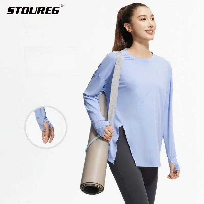 

Женская рубашка для йоги с длинными рукавами, спортивный топ с разрезом по подолу, быстросохнущая футболка для фитнеса в тренажерном зале, свободный спортивный топ для бега