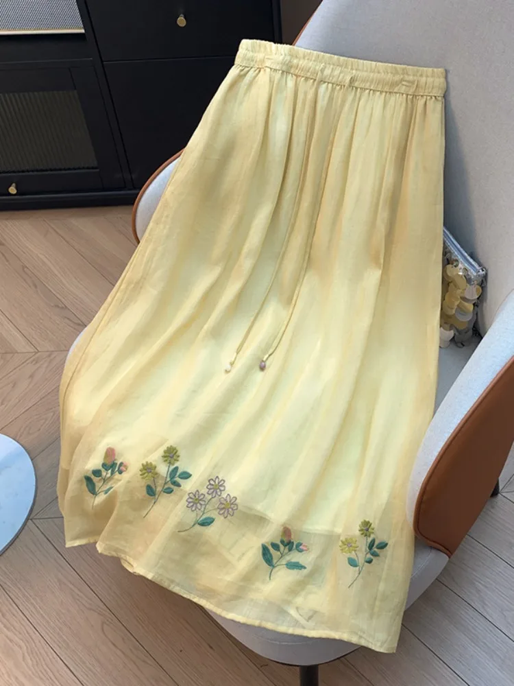 

Elegant Embroidered Double Layered Flax Skirt High Waist Drawstring Elastic Waist Loose Fitting Slimming Long A-Line Skirt
