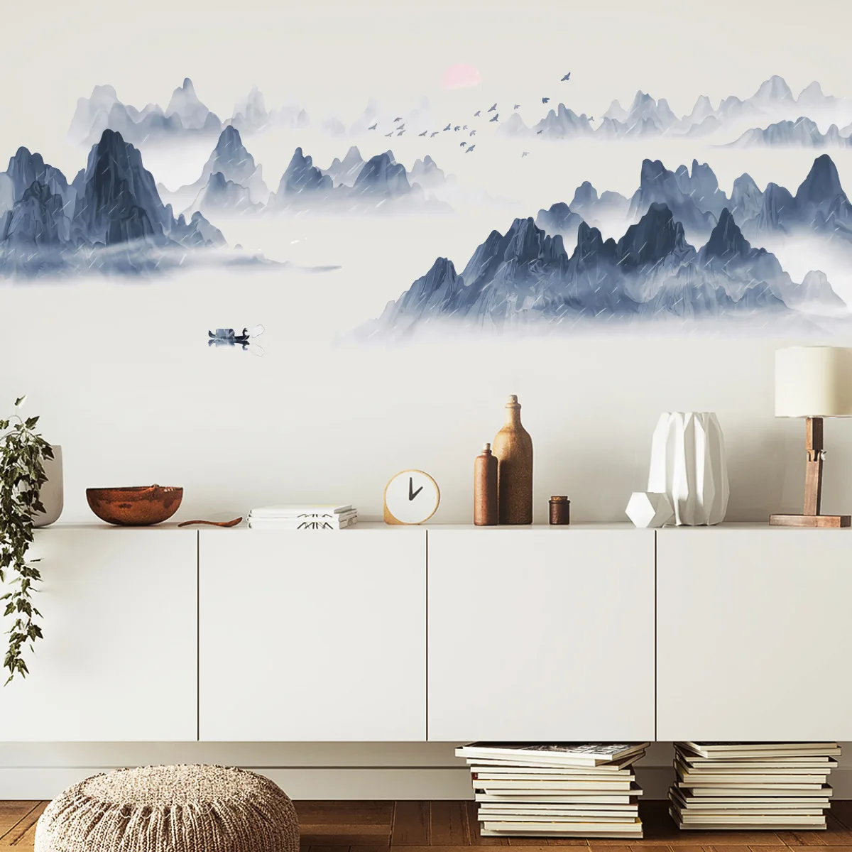 Pegatina de pared creativa de paisaje de puesta de sol de serie de estilo chino de 4 piezas, Mural decorativo de fondo para sala de estar y