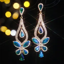 Long Colorful Crystal Bridal Wedding Water Drops Chandelier Earrings for Women Prom Pageant Vintage Rhinestone Statement Earring