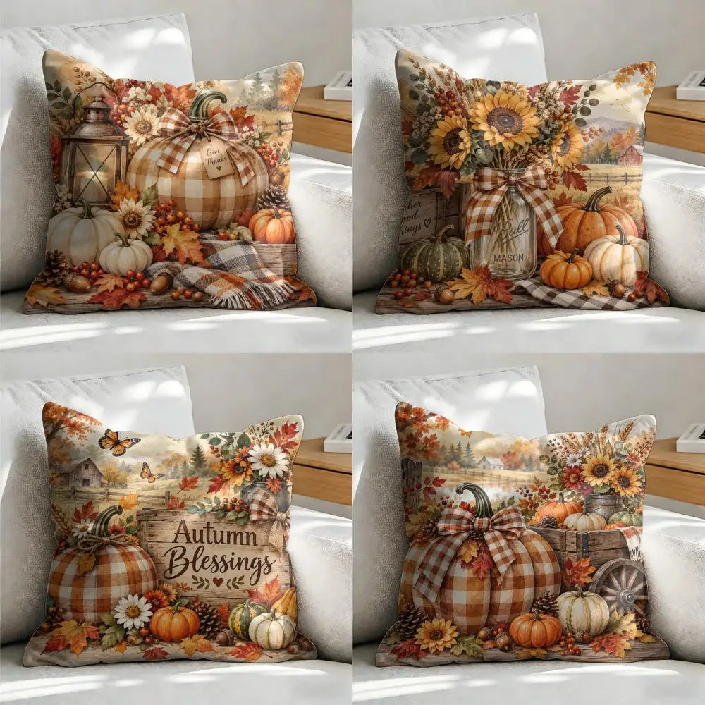 Farmhouse Pumpkin Plaid Cushion Cover Soft Short Plush Pillow Cover Smooth Cozy Texture Aesthetic Cushion Case Home Decor