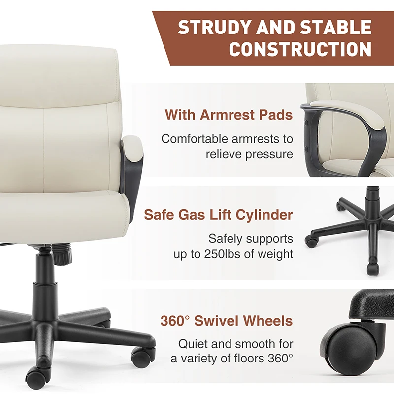 Sweetcrispy Mid Back Office Desk Chair with Padded Armrests PU Leather Home Office Chair On-Site