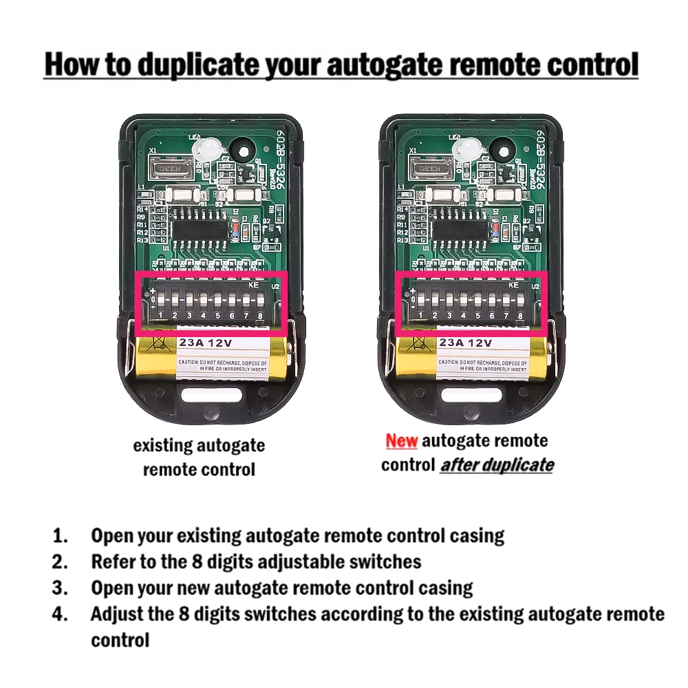 Controle Remoto para Portão, Garagem Porta Abridor ou Sistema de Alarme, Universal, 8 Dip Switch, Código Fixo, 2 Botão, 330Mhz, 433Mhz