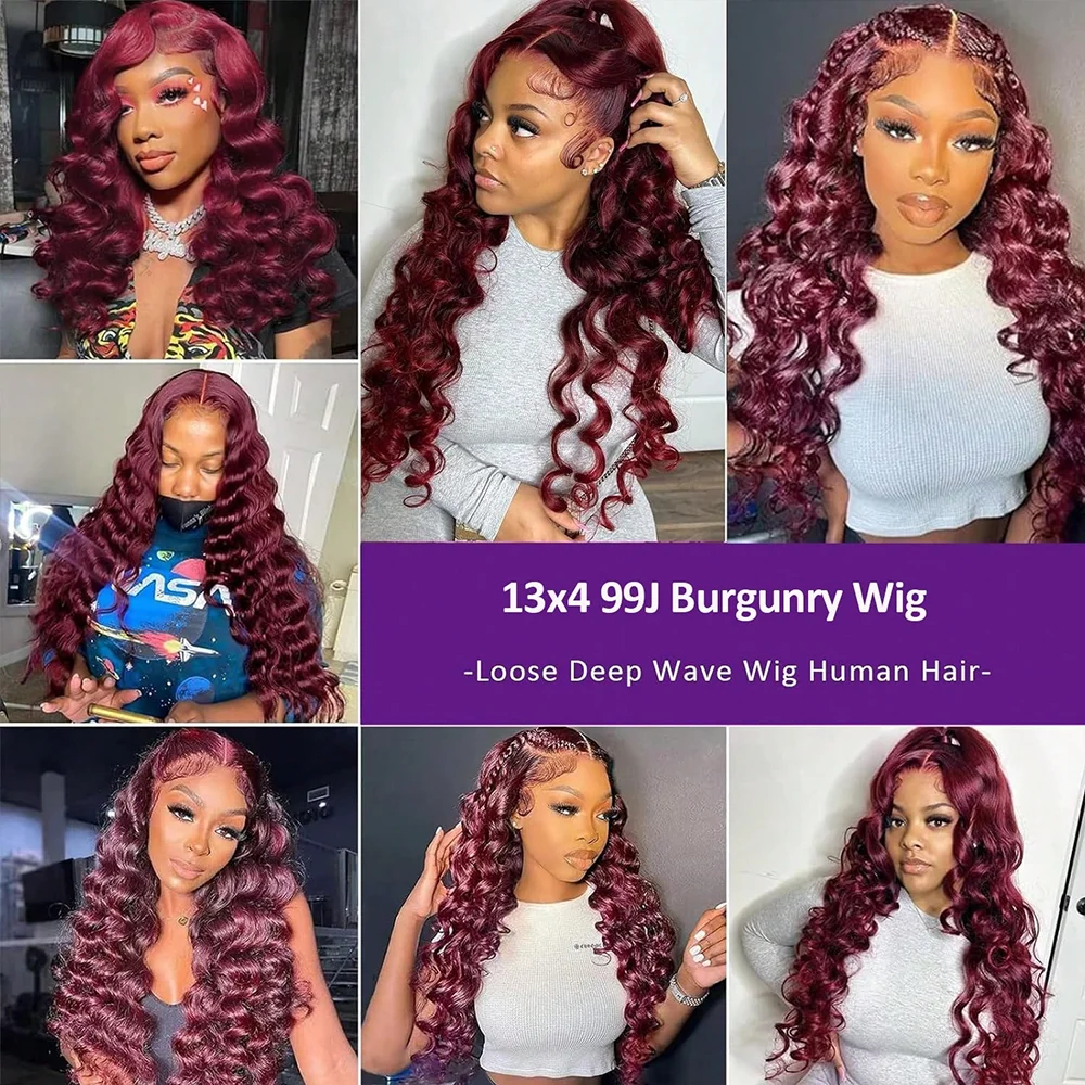 250% 13x4 HD Transparent 99J Burgundy Loose Wave Lace Front Wigs Deep
