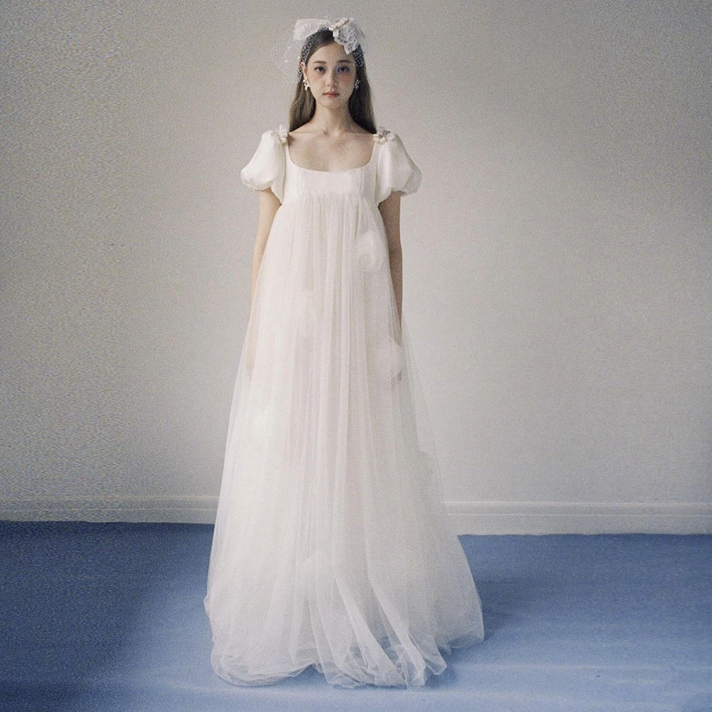 

Милое длинное сетчатое платье для свадебной вечеринки, винтажное вечернее платье из органзы с квадратным вырезом и пышными рукавами, романтическое пляжное платье А-силуэта