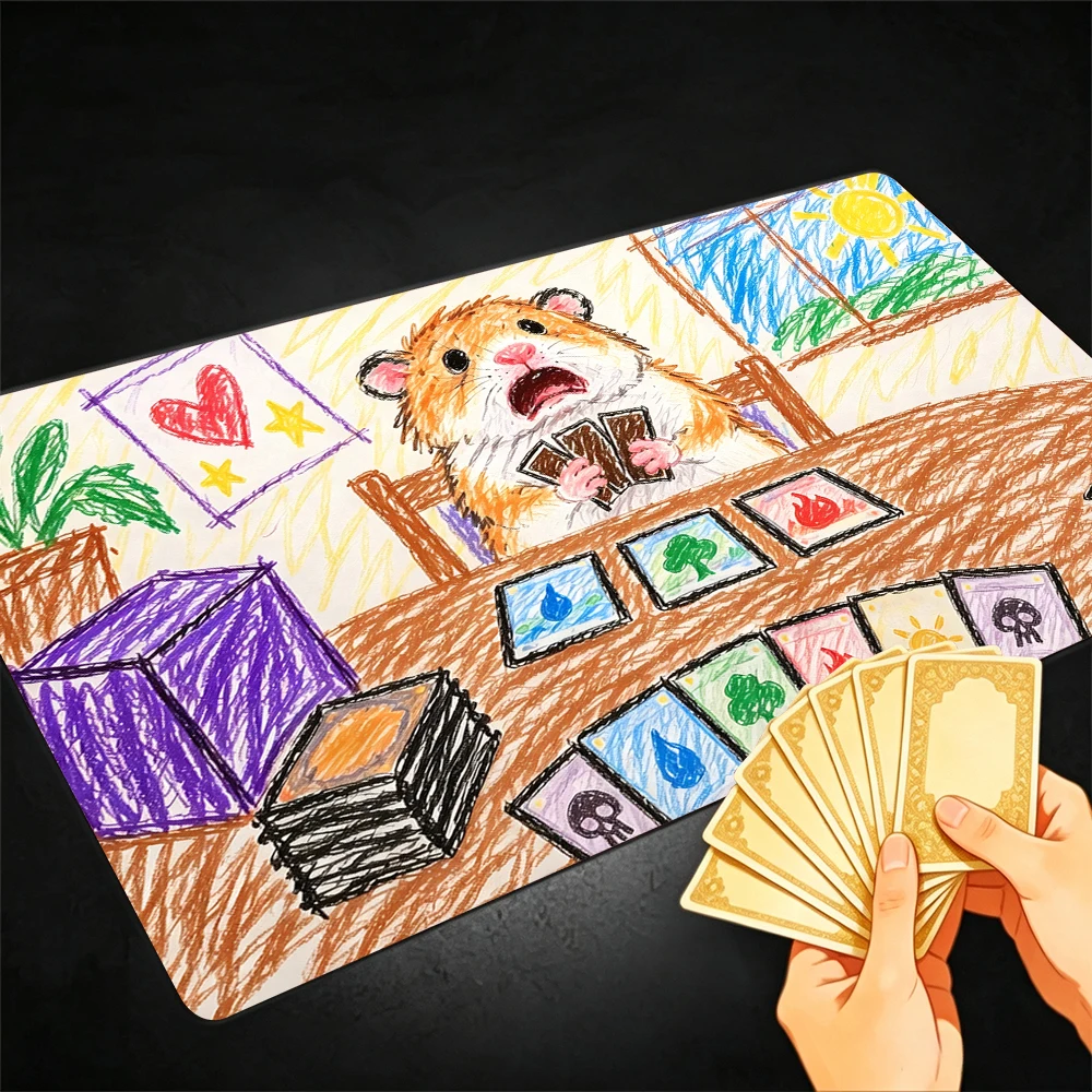 Fun Crayon Style Cute Hamster TCG Playmat Magic Playmat with Stitched Edge Anti-slip base Gathering Gaming Mat Trading Card Game