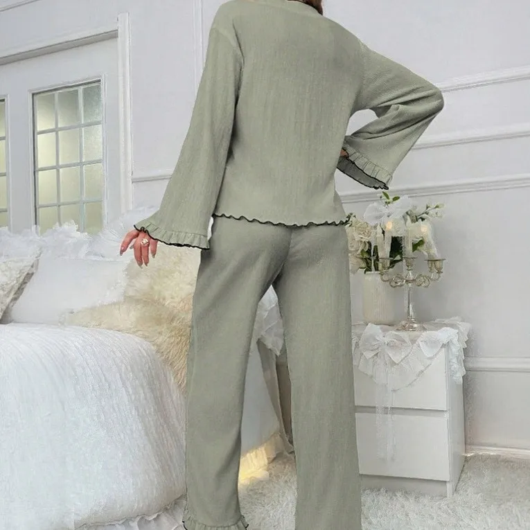 النساء منامة الفرنسية الرجعية الحلو سيدة الخامس الرقبة الدانتيل متابعة سترة طويلة الأكمام فستان أطفال مع سروال داخلي بيجامة تنفس مريحة ملابس المنزل مجموعة