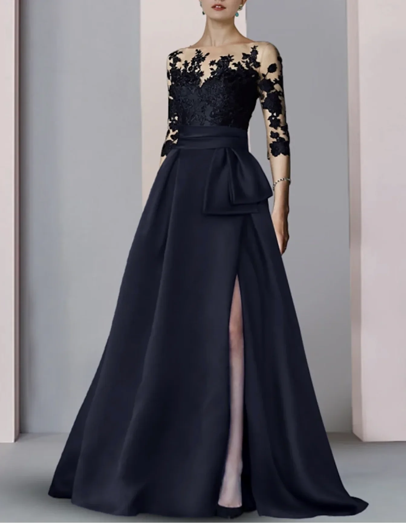 

A-Line Evening Gown Split Dress Formal Fall Sweep / Brush Train Half Sleeve Illusion Neck Satin with Lace Applique 2024