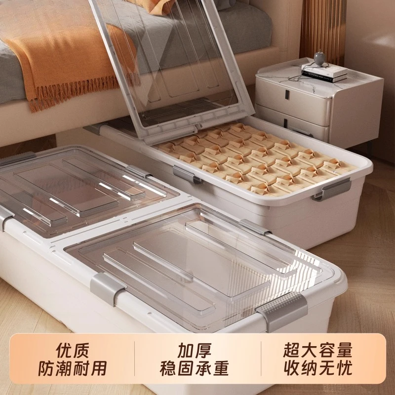 Under Bed Storage Box with Wheels Flat Drawer Type Transparent Clothes Organizer Container Dustproof Anti Insect Large Capacity