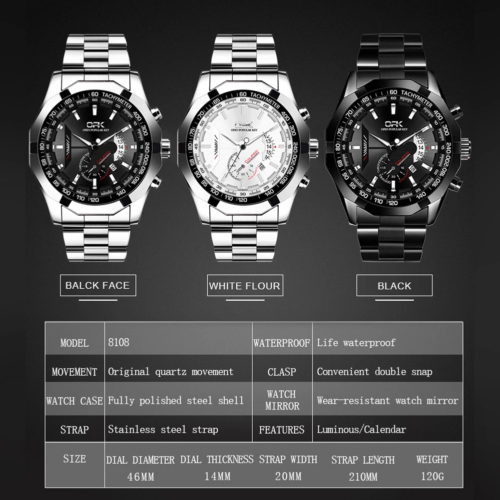 OPK Quartz Watch for Men Fashion Trendy Stainless steel Waterproof Sports Leisure Wristwatch 46mm Big Dial Quartz Men's Watch