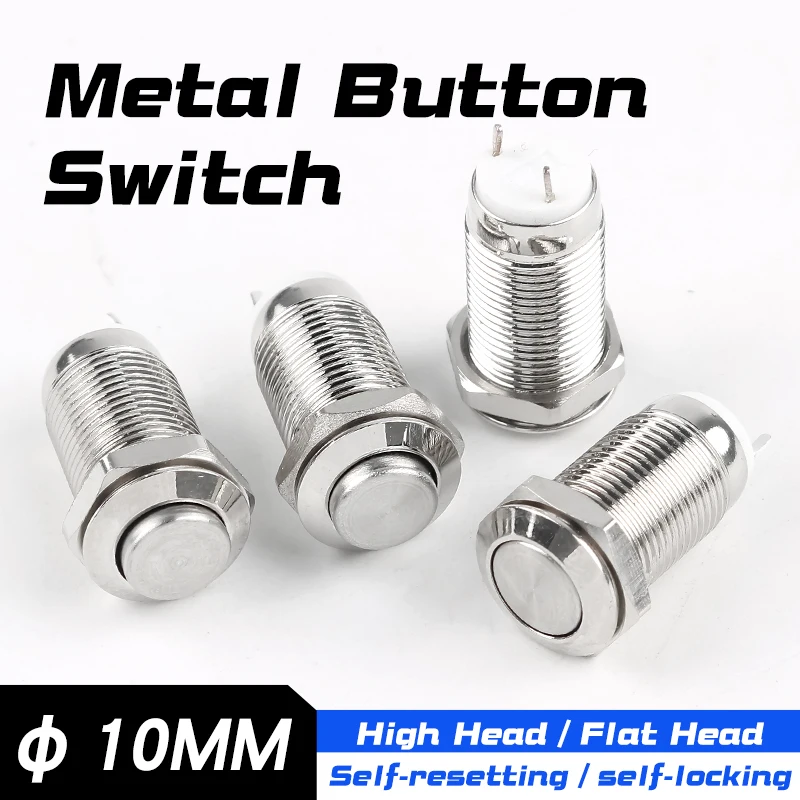 

10MM Metal Push Button Switch, Self-Resetting, Latching, Normally Open, Miniature Illuminated Switch, 2Pin, High Head