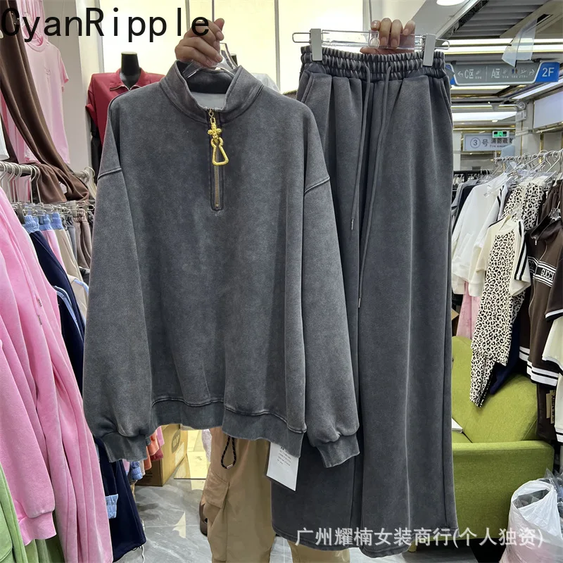 

New Spring Autumn Women Two-piece Set Metal Zip Stand Collar Long Sleeve Hoodie Top + Elastic Waist Casual Wide Leg Trousers