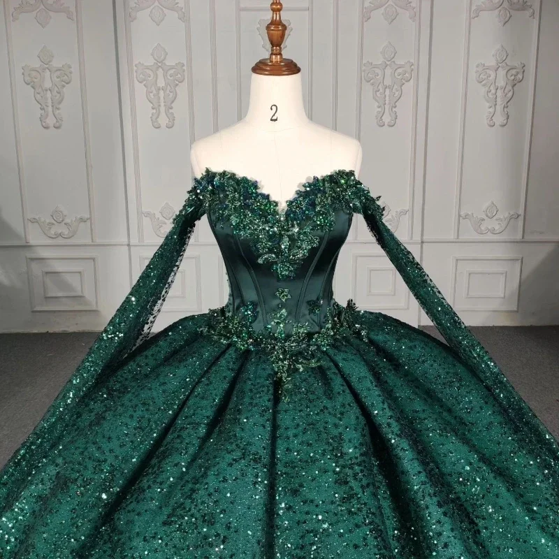 Blackish Green Sexy Backless Sparkly Ball Gown Quinceanera Dress Off The Shoulder Birthday Party Gowns Beaded Prom Dresses Vesti