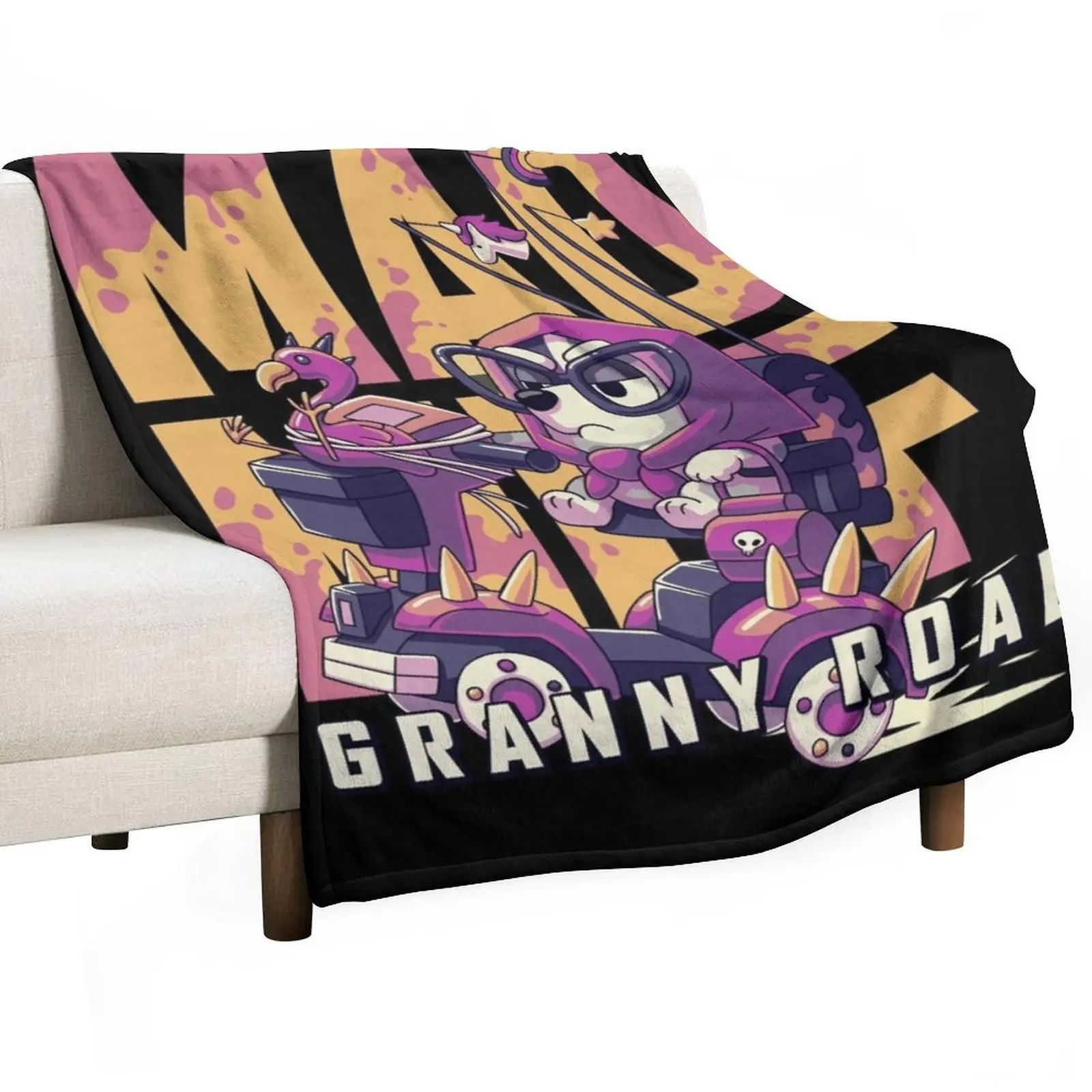Mad Muf: Granny Road // Muffin Heeler, Aussie dog, Bingo, Bandit, Chilli Throw Blanket Luxury Designer Fashion Sofas Blankets
