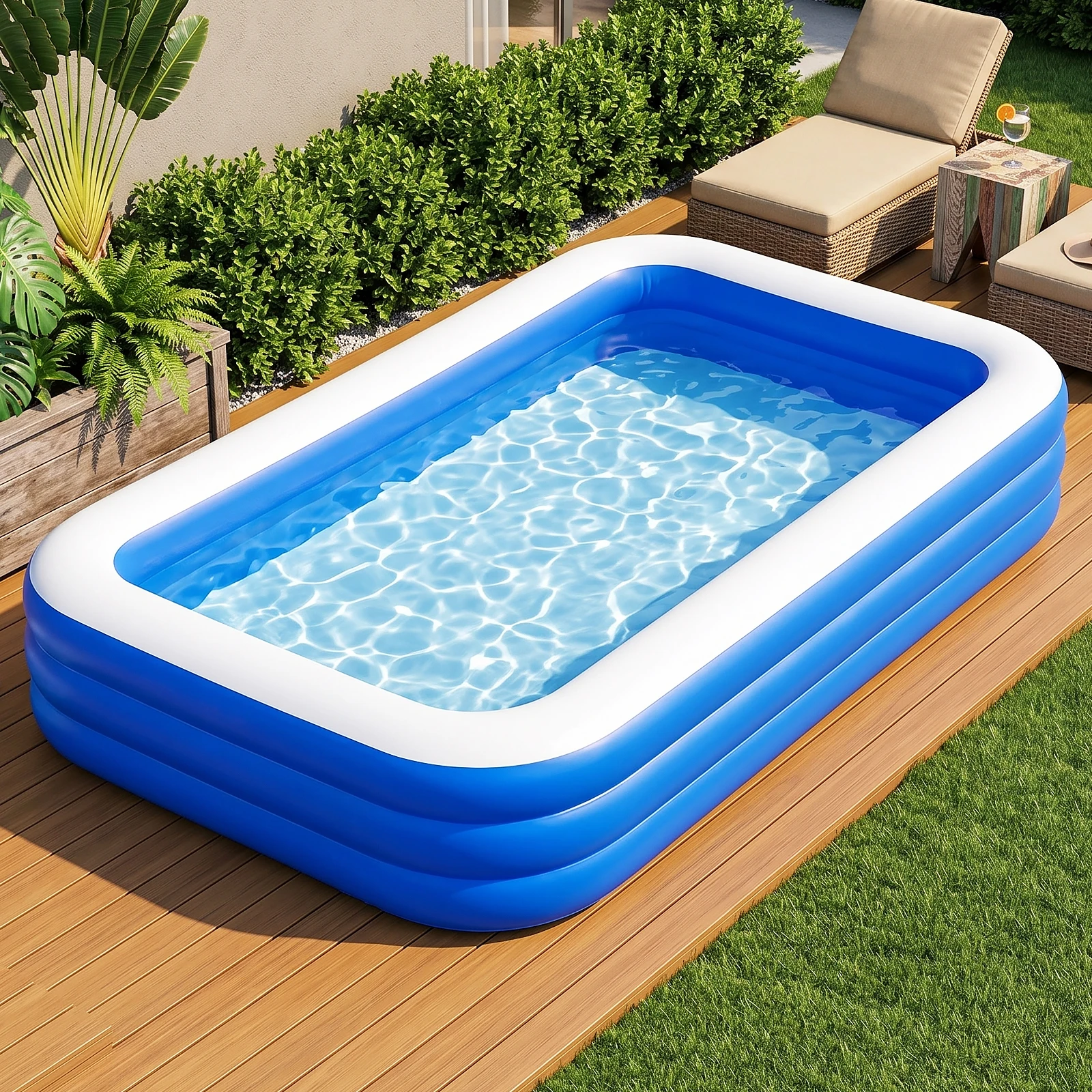 Piscina gonfiabile da esterno per il giardino, realizzata in PVC rinforzato, con 3 camere d'aria separate, ideale per riunioni di famiglia, feste estive e momenti di relax in giardino.