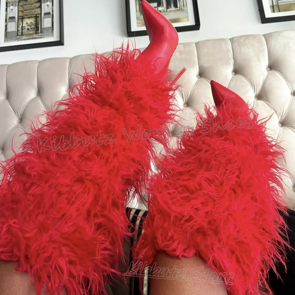 

Knee High Boots Feather Solid Color Slip-On Novelty Sexy Fashion Luxury Elegant Comfortable Pointy Thin Heels Spicy Girls Shoes