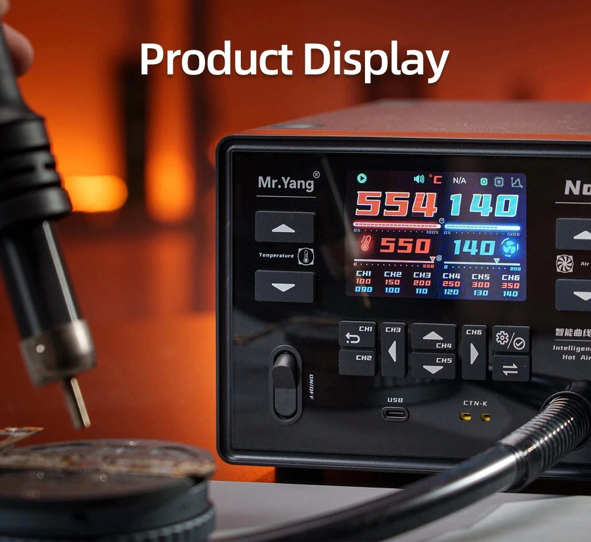 YCS Mr.Yang No.1 محطة مسدس هواء ساخن ذكية بقدرة 1400 وات، 18 إعدادًا مسبقًا مع 6 أوضاع منحنية، شاشة ملونة عالية الدقة، لحام BGA Rework SMD