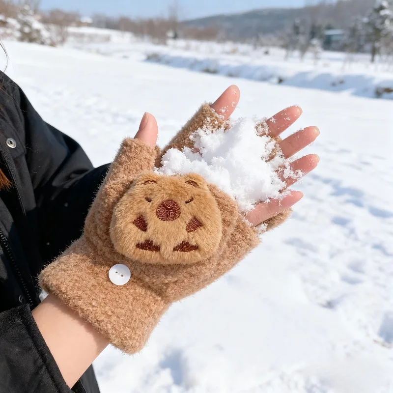 Flip-On-Winterhandschuhe mit Cookie-Capybara-Design, verdickte Halbfinger-Handschuhe aus weichem Stoff, elastische Bündchen zum Spielen bei kaltem Wetter