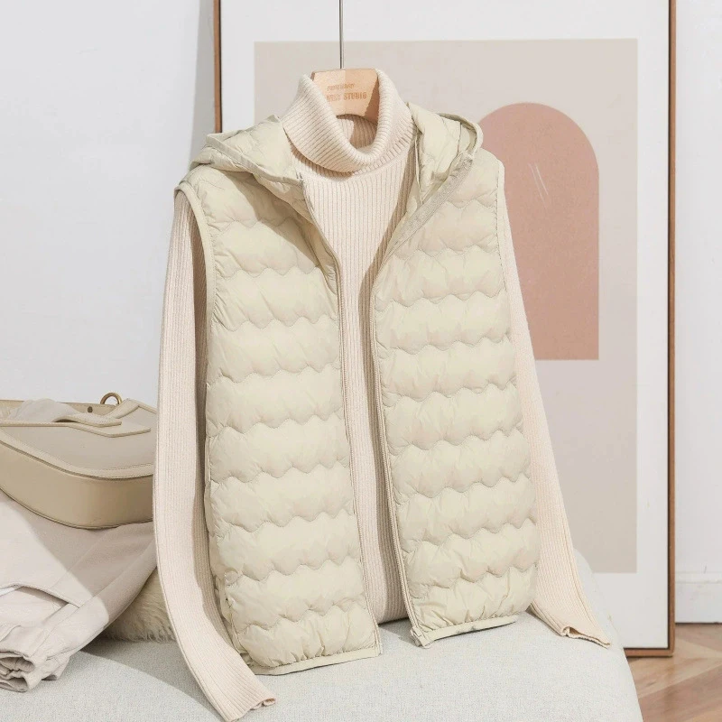 고품질 패션 가을 겨울 따뜻한 후드 달린 2026년 신상품 민소매 재킷 여성용 경량 화이트 덕다운 조끼