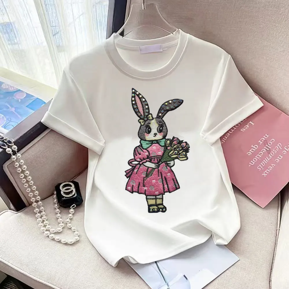 Beautiful Nail drilling Rabbit Sequins short-sleeved T-shirt women's 2025 Summer High Street Casual Loose Round Neck T-shirt