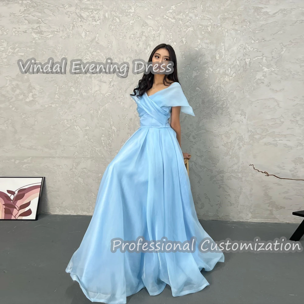 

Vindal Evening Dress V-Neck Floor Length A-Line Ruffle Satin Built-in Bra Elegant Short Sleeves Sexy Saudi Arabia For Woman 2024