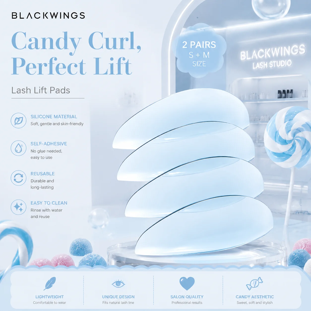 BLACKWINGS2Pair 2Size Silicone Eyelash Perm Pad Lifting Lashes Rods Shield 3D Eyelash Curler Accessories Applicator Makeup Tools view 5