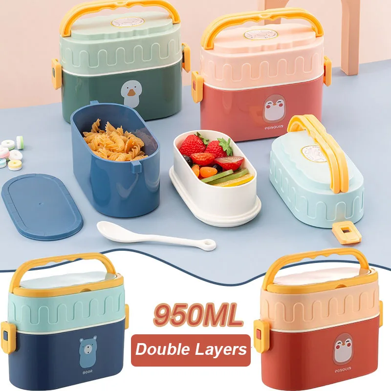 

Double Layers Lunch Box with Spoon Cute Cartoon Bento Boxes for Kids Microwave Food Box Portable Outdoor Camping Food Container